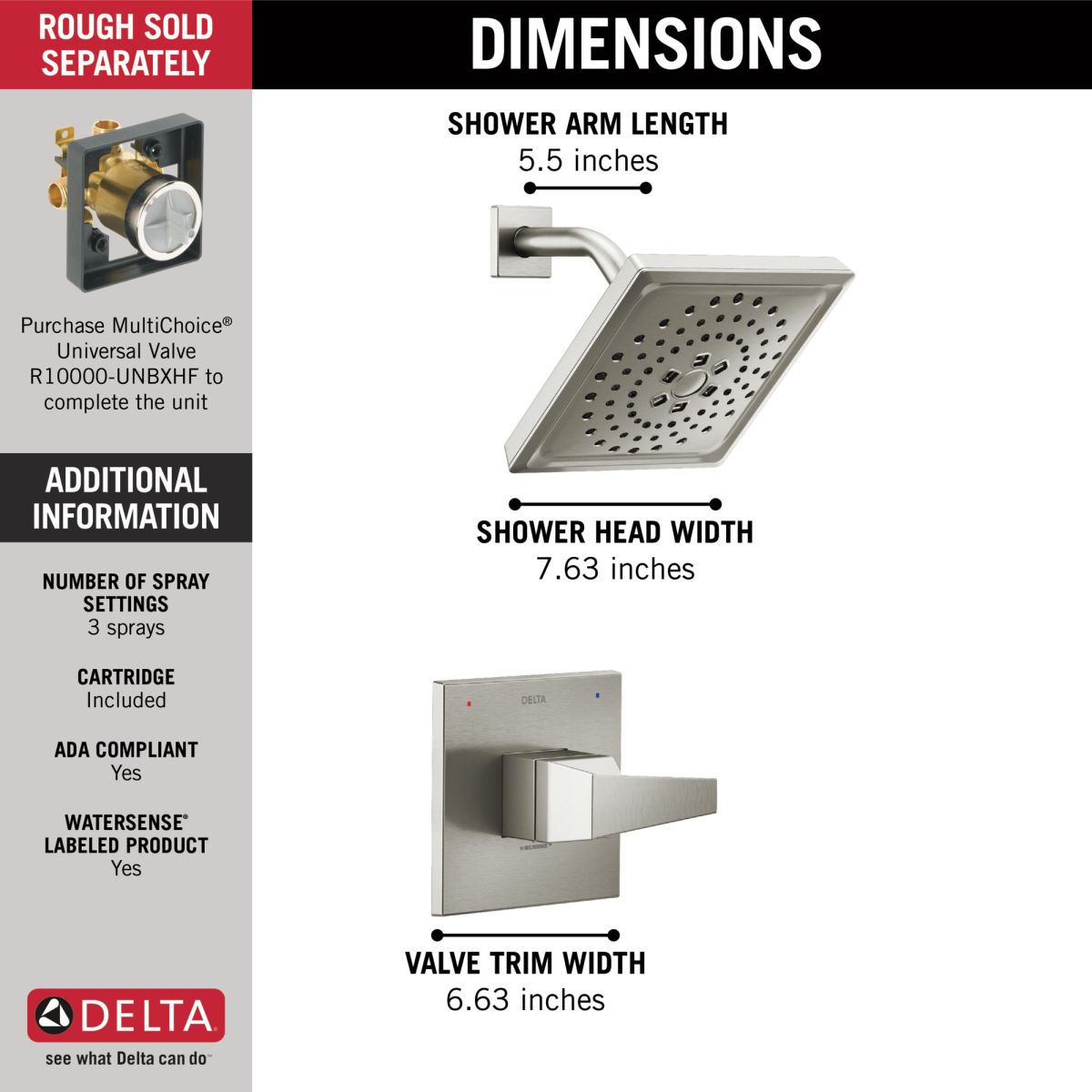 DELTA Trillian 14 Series H2Okinetic Shower Only Trim — Lumicoat® Stainless