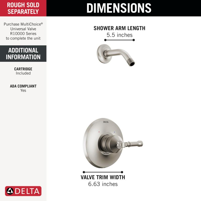 DELTA Broderick 14 Series Shower Trim - Less Head — Lumicoat® Stainless