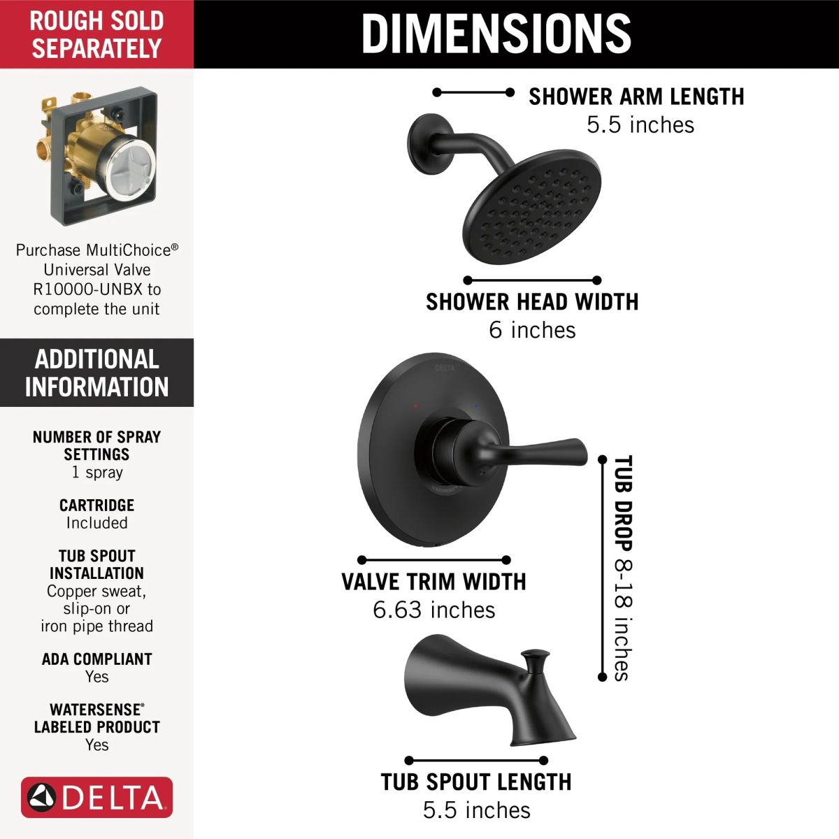 DELTA Kayra Monitor 14 Series Tub & Shower Trim — Matte Black