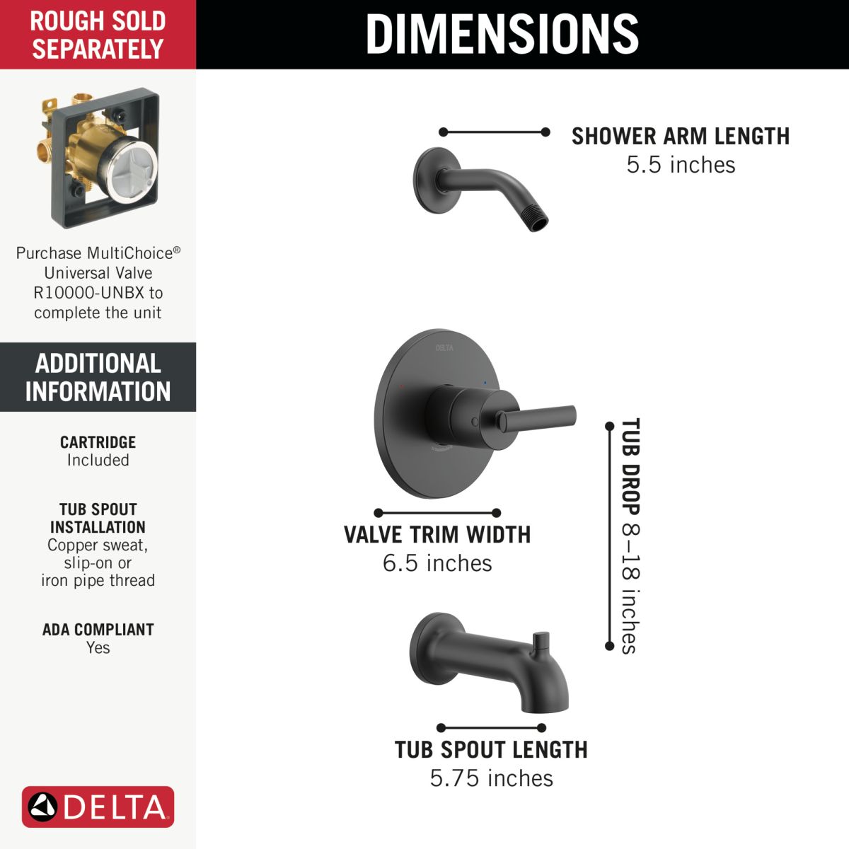 DELTA Altado Monitor 14 Series Tub & Shower Trim - Less Head — Matte Black