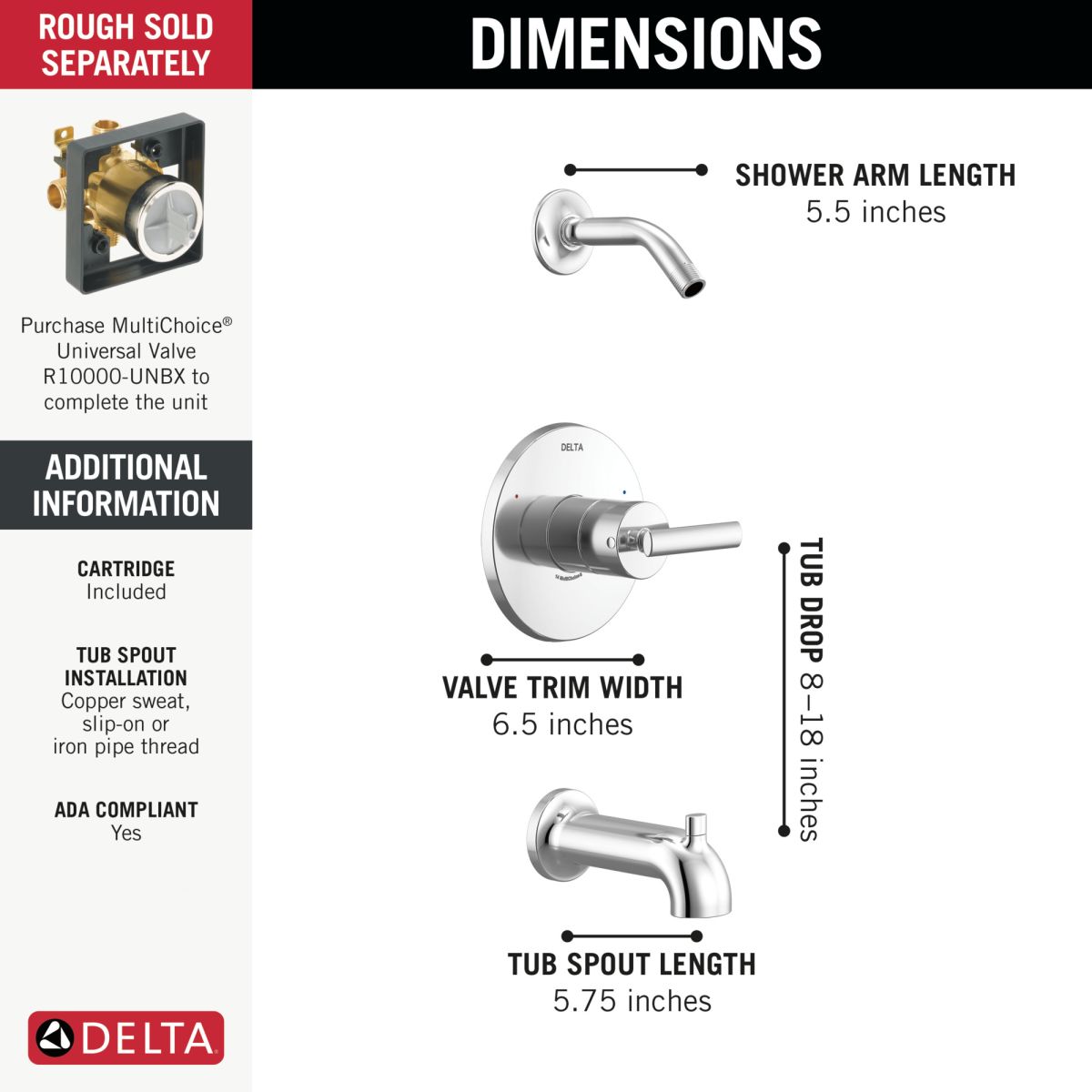 DELTA Altado Monitor 14 Series Tub & Shower Trim - Less Head — Chrome