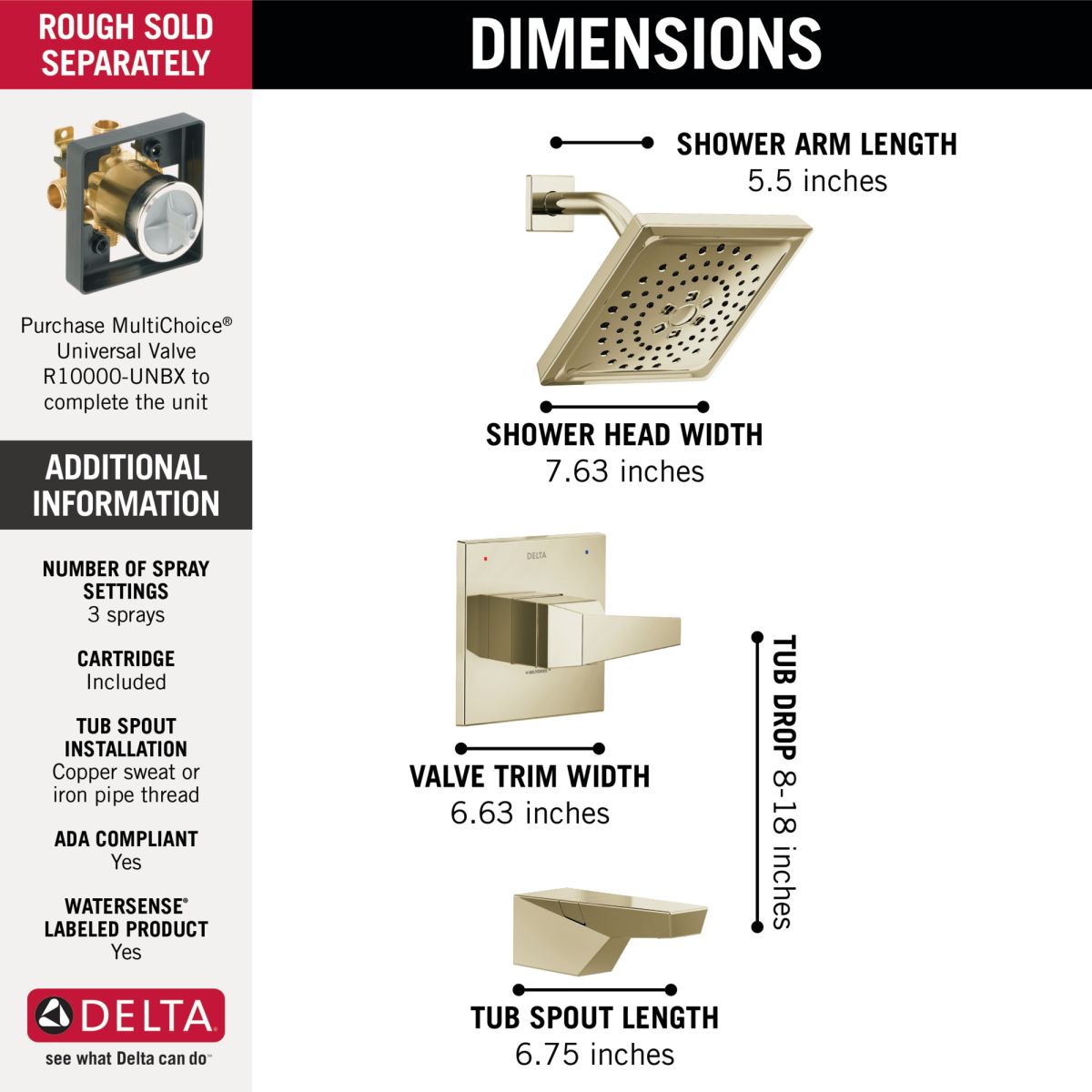 DELTA Trillian 14 Series H2Okinetic Tub Shower Trim — Lumicoat® Polished Nickel