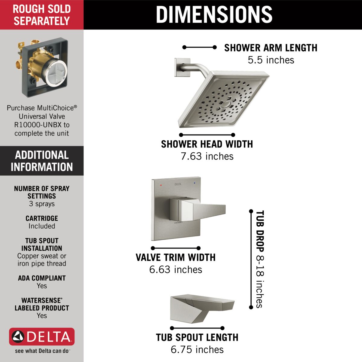 DELTA Trillian 14 Series H2Okinetic Tub Shower Trim — Lumicoat® Stainless