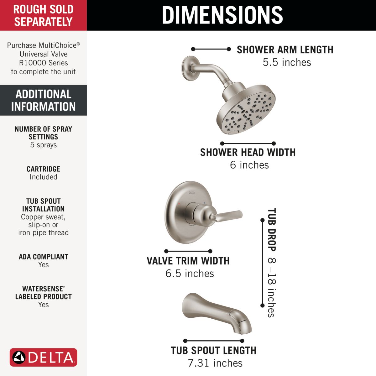 DELTA Bonacci 14 Series Tub Shower Trim — Lumicoat® Stainless