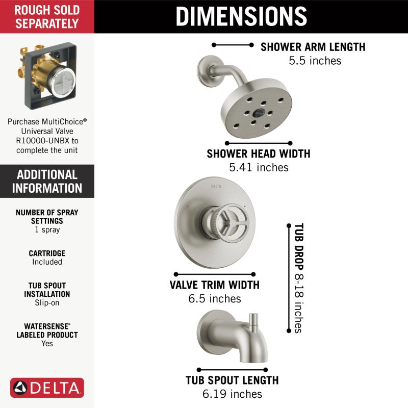 DELTA Trinsic H2OKINETIC Tub Shower Trim — Stainless