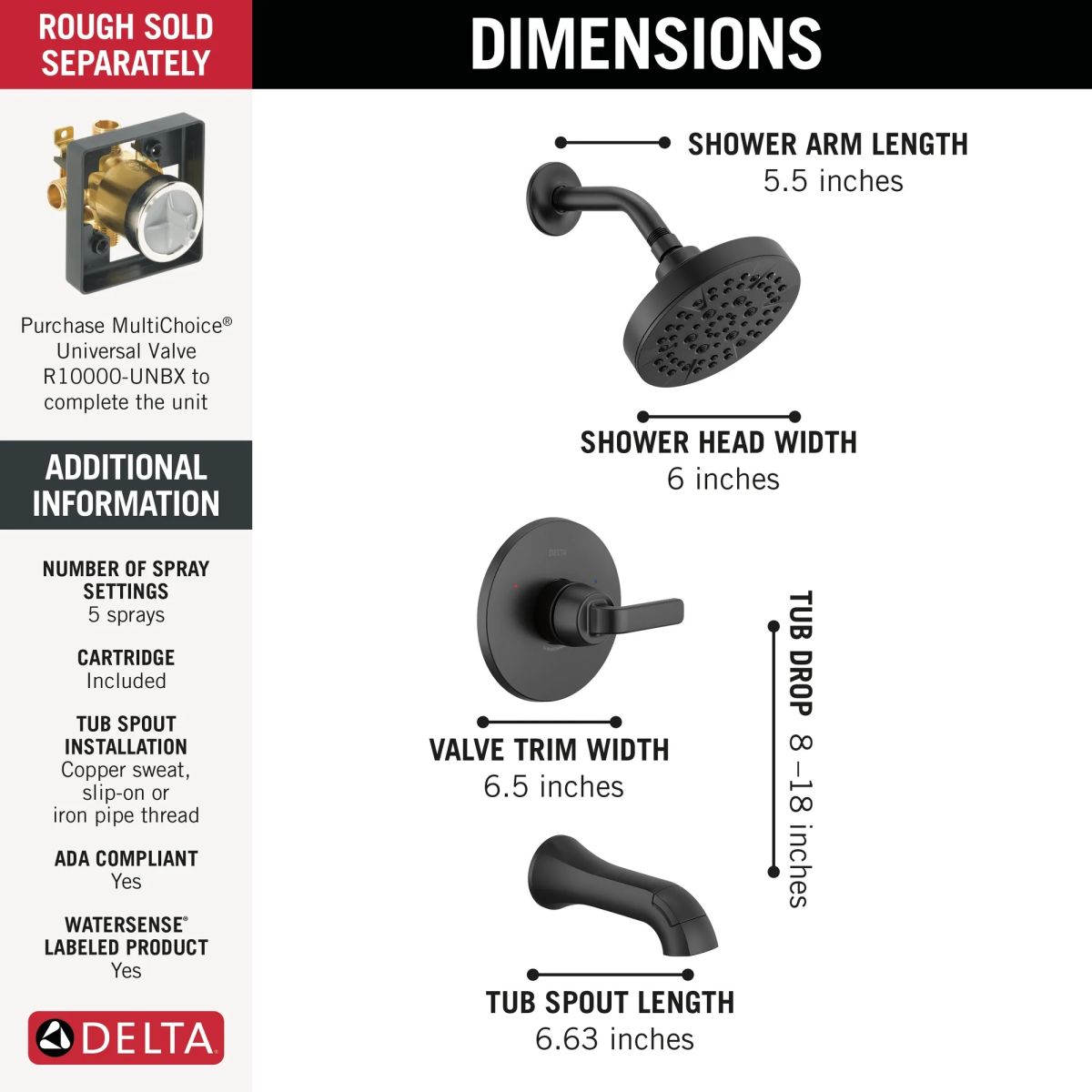 DELTA Lineax Monitor 14 Series Tub & Shower Trim — Matte Black