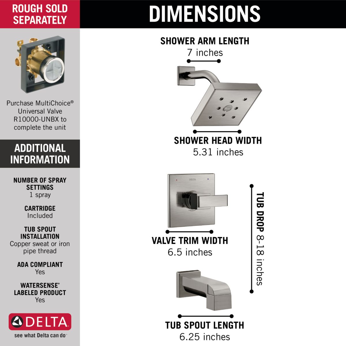 DELTA Ara Monitor 14 Series H2OKINETIC Tub & Shower Trim — Stainless