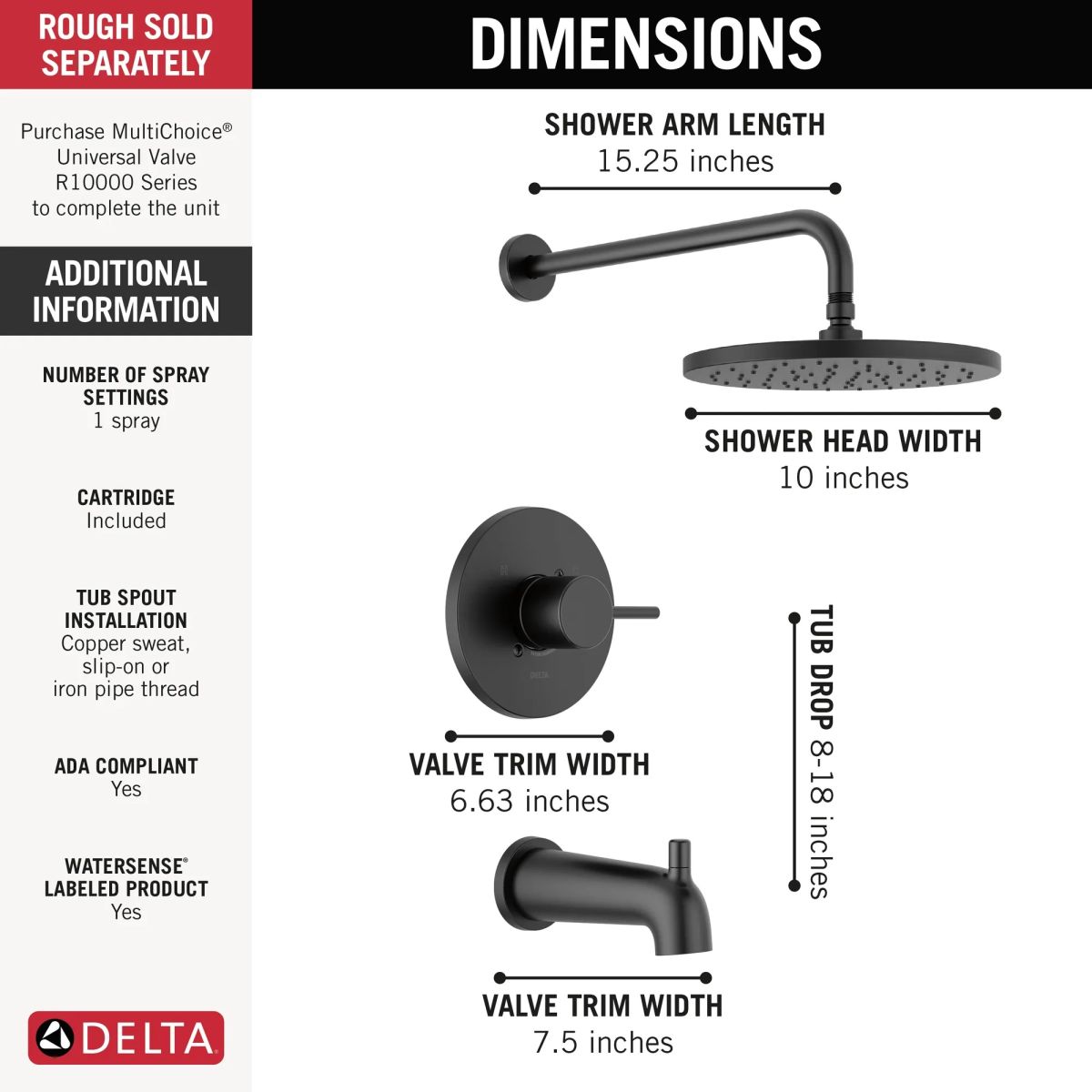 DELTA Modern Monitor 14 Series Tub & Shower Trim — Matte Black