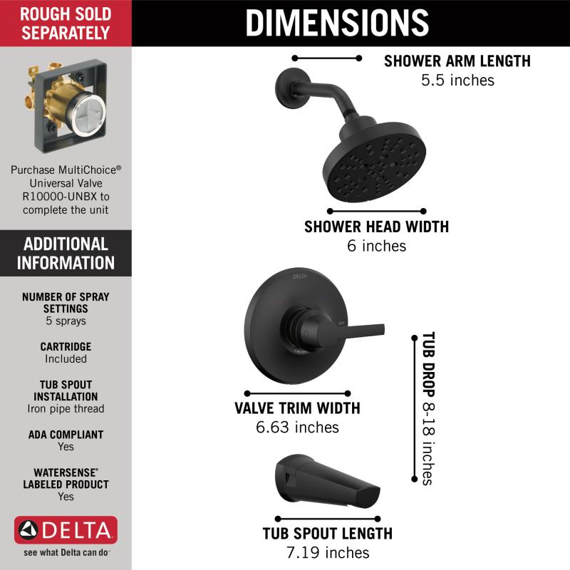 DELTA Galeon 14S Tub Shower Trim with H2OKinetic — Matte Black