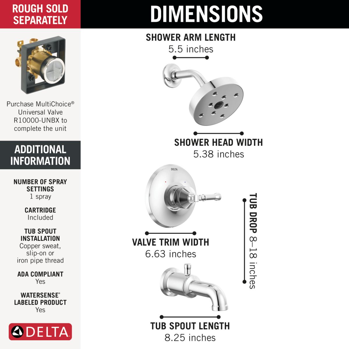 DELTA Broderick 14 Series Tub Shower Trim — Lumicoat® Chrome