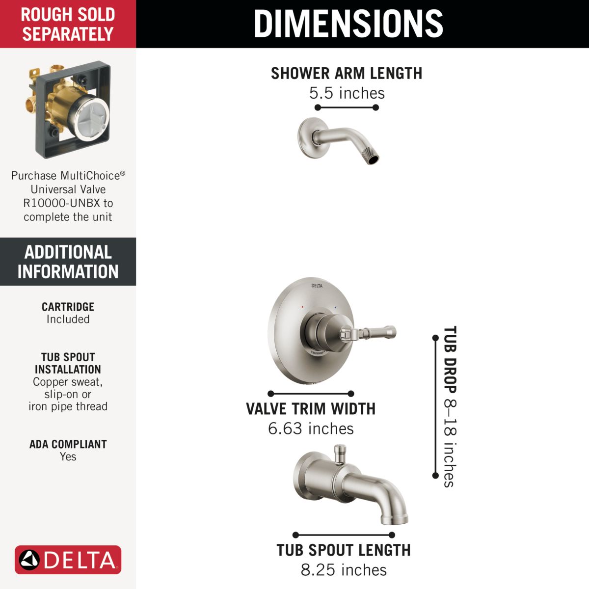 DELTA Broderick 14 Series Tub Shower Trim - Less Head — Lumicoat® Stainless