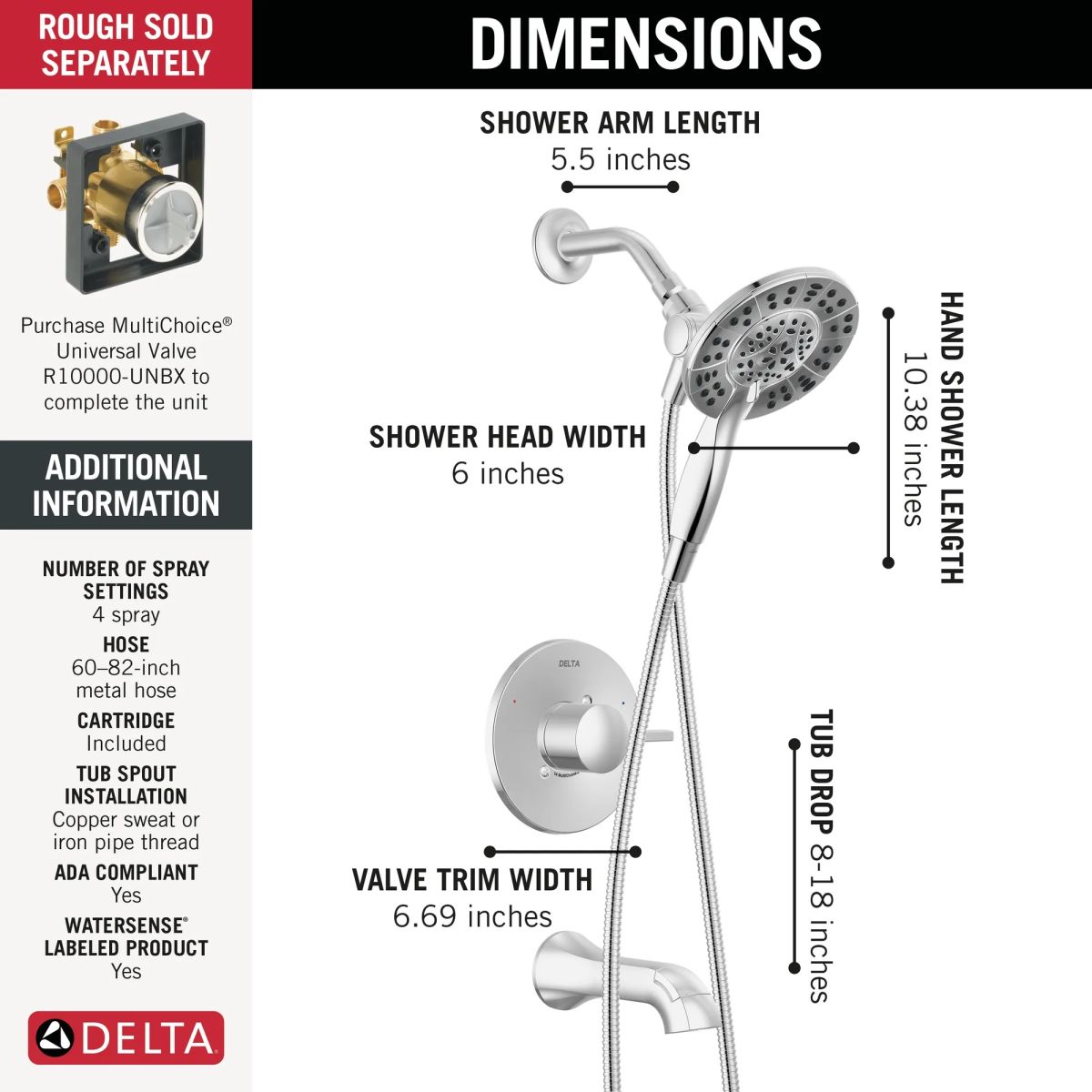 DELTA Albion  Monitor 14 Series Tub and Shower Trim Only with In2ition Hand Shower — Chrome