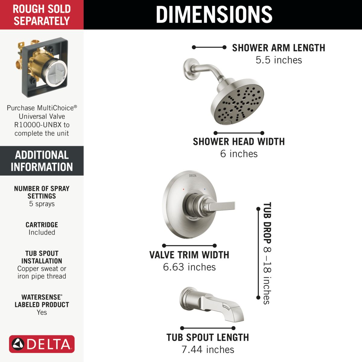 DELTA Tetra Monitor 14 Series Tub & Shower Trim — Lumicoat® Stainless