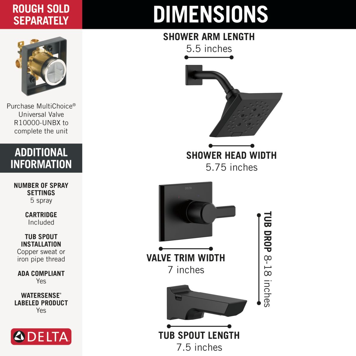 DELTA Pivotal Monitor 14 Series H2OKINETIC Tub and Shower Trim — Matte Black