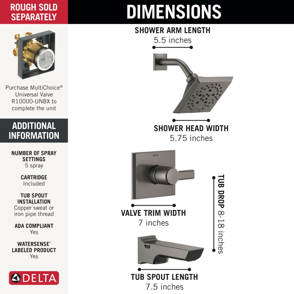 DELTA Pivotal Monitor 14 Series H2OKINETIC Tub and Shower Trim — Lumicoat® Black Stainless