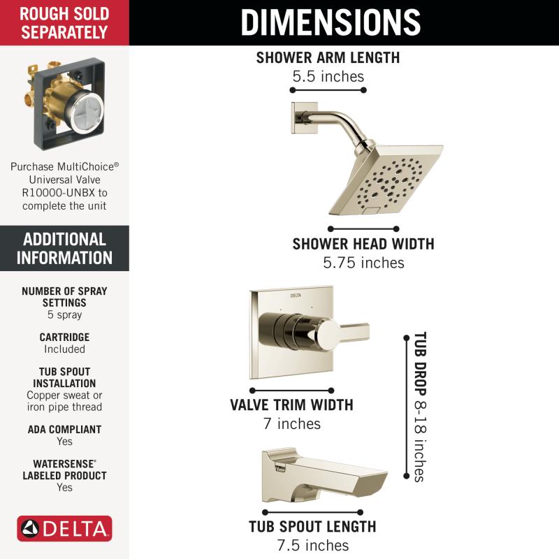 DELTA Pivotal Monitor 14 Series H2OKINETIC Tub and Shower Trim — Lumicoat® Polished Nickel