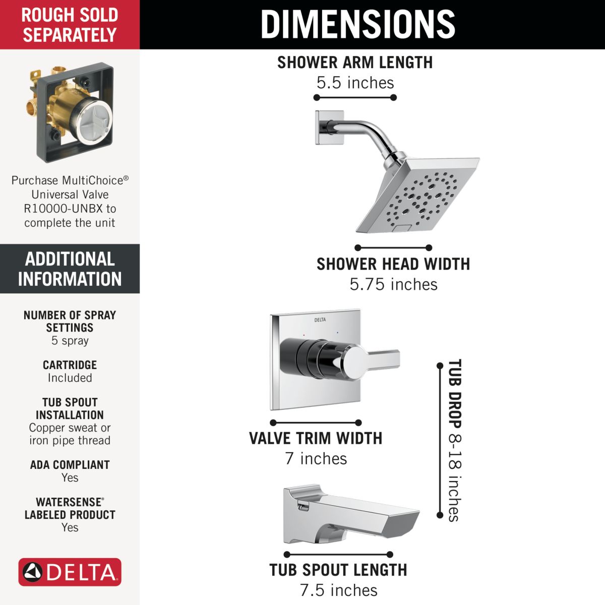 DELTA Pivotal Monitor 14 Series H2OKINETIC Tub and Shower Trim — Lumicoat® Chrome