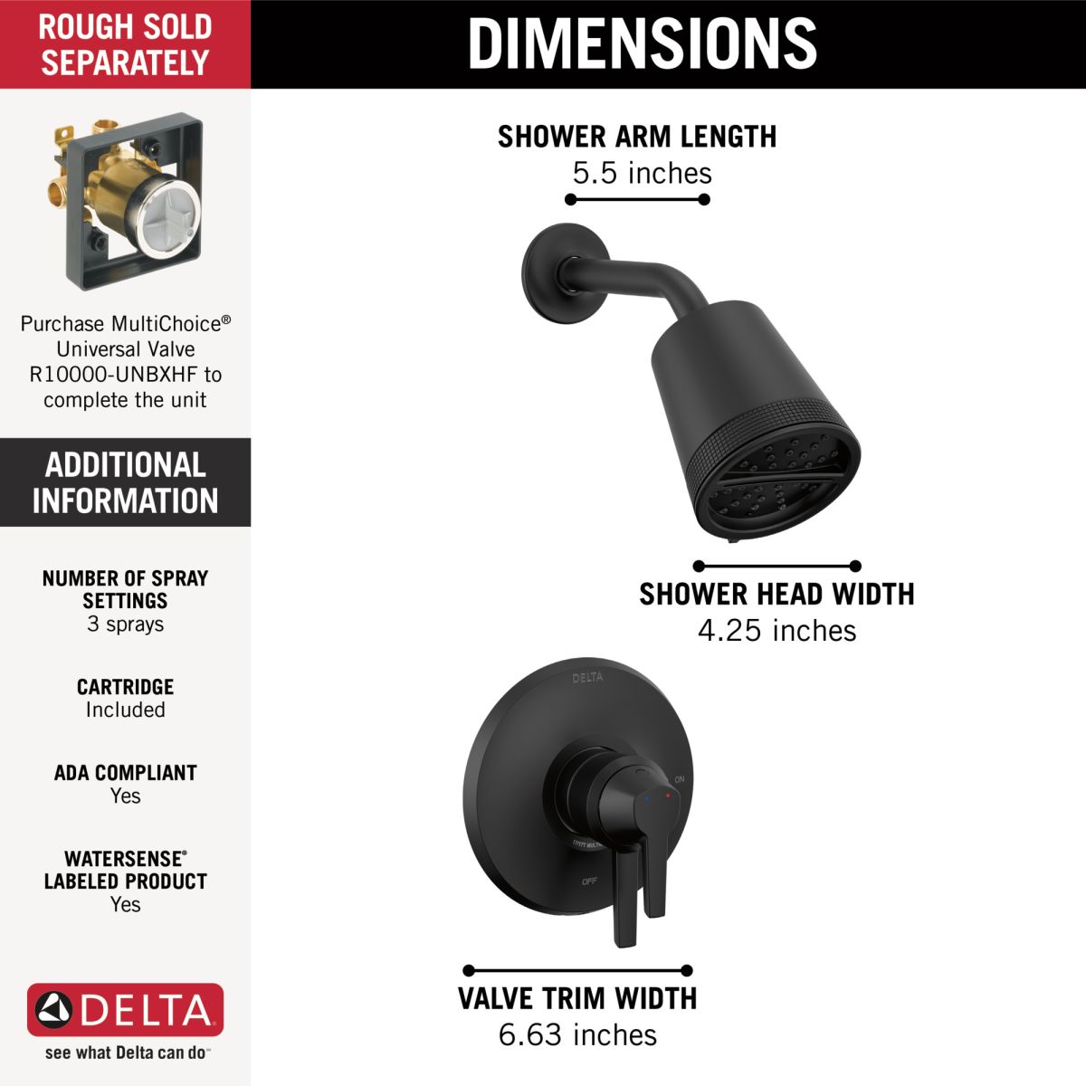 DELTA Galeon 17 Series Shower Trim with Cylinder SH — Matte Black