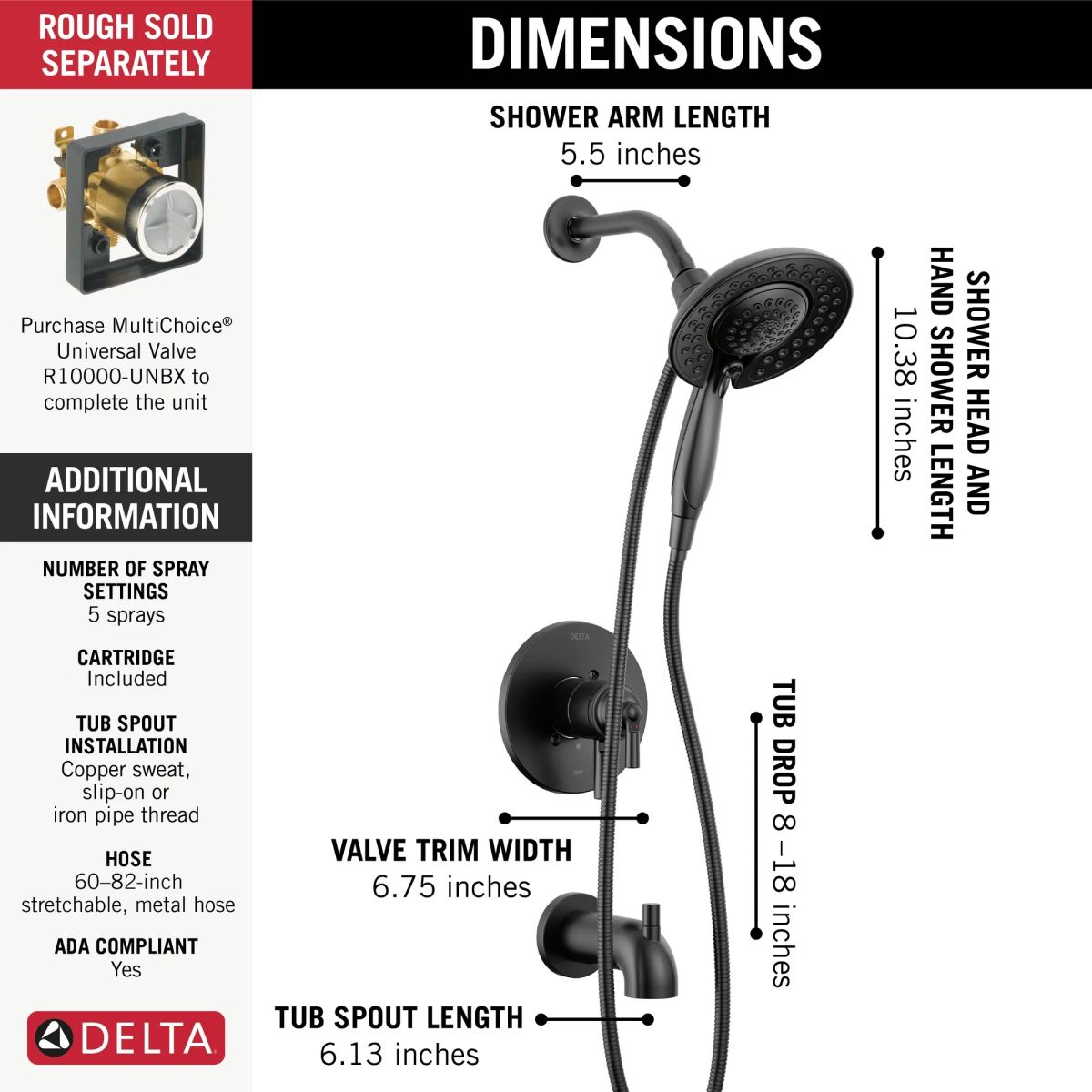 DELTA Saylor Monitor 17 Series Tub & Shower Trim with In2ition — Matte Black
