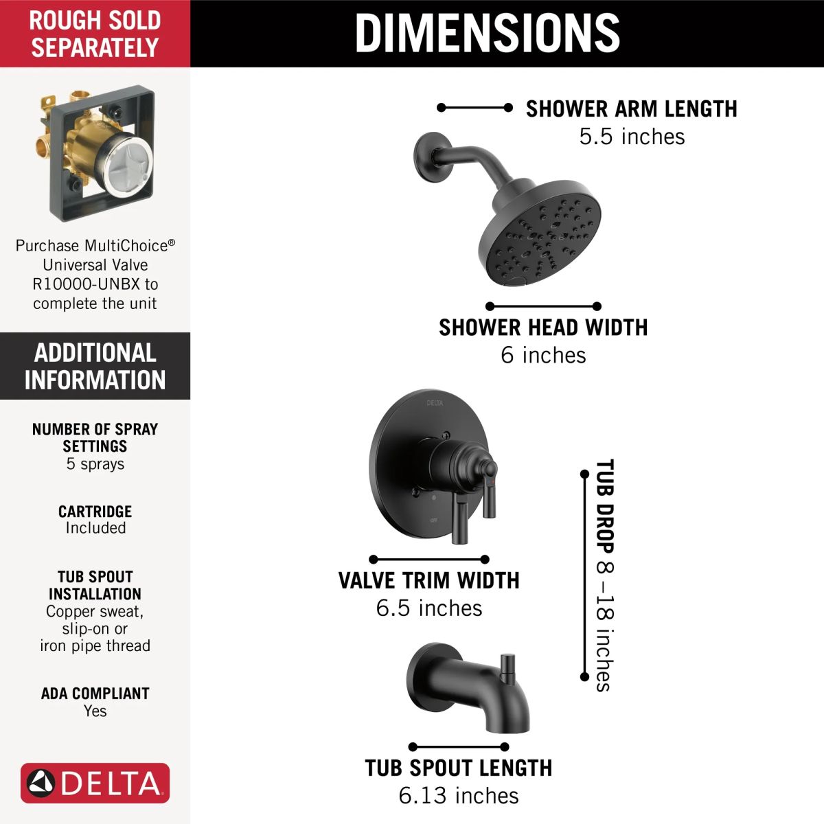 DELTA Saylor Monitor 17 Series Tub & Shower Trim — Matte Black