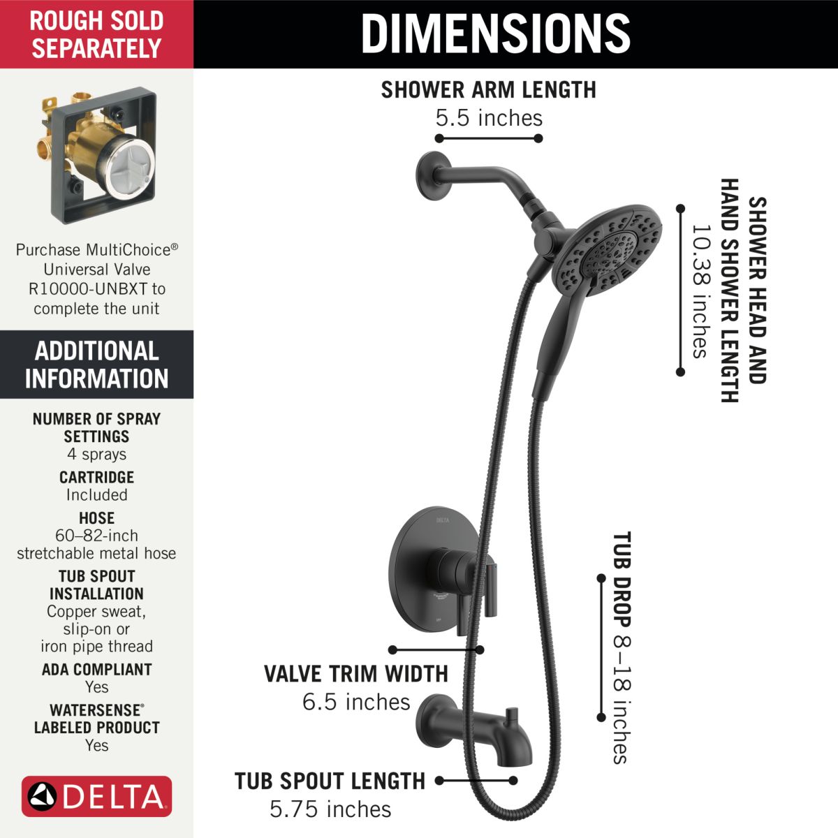 DELTA Altado Monitor 17 Series Tub & Shower Trim with In2ition — Matte Black