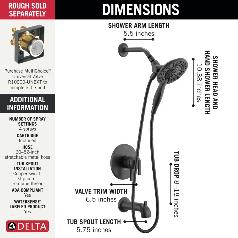 DELTA Altado Monitor 17 Series Tub & Shower Trim with In2ition — Matte Black