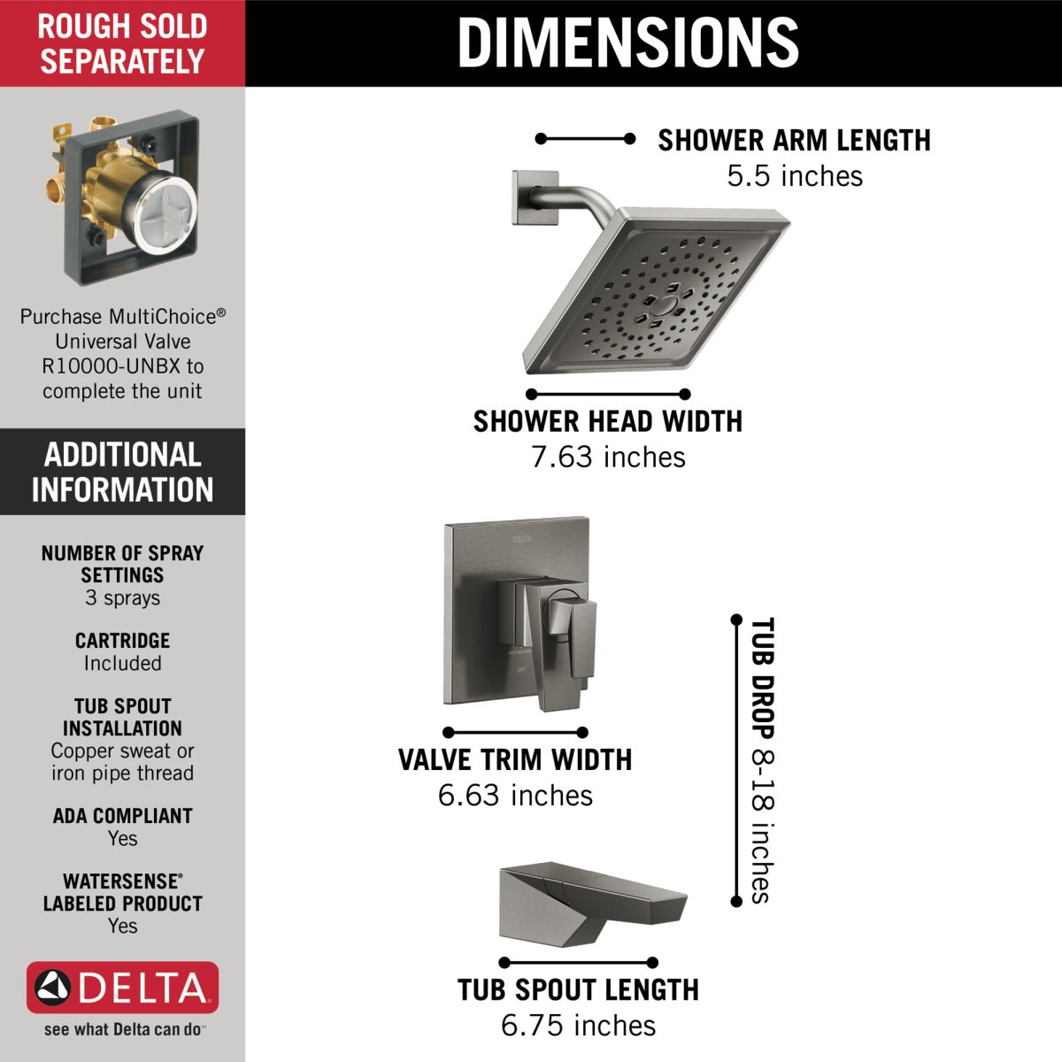 DELTA Trillian 17 Series H2Okinetic Tub Shower Trim — Lumicoat® Black Stainless