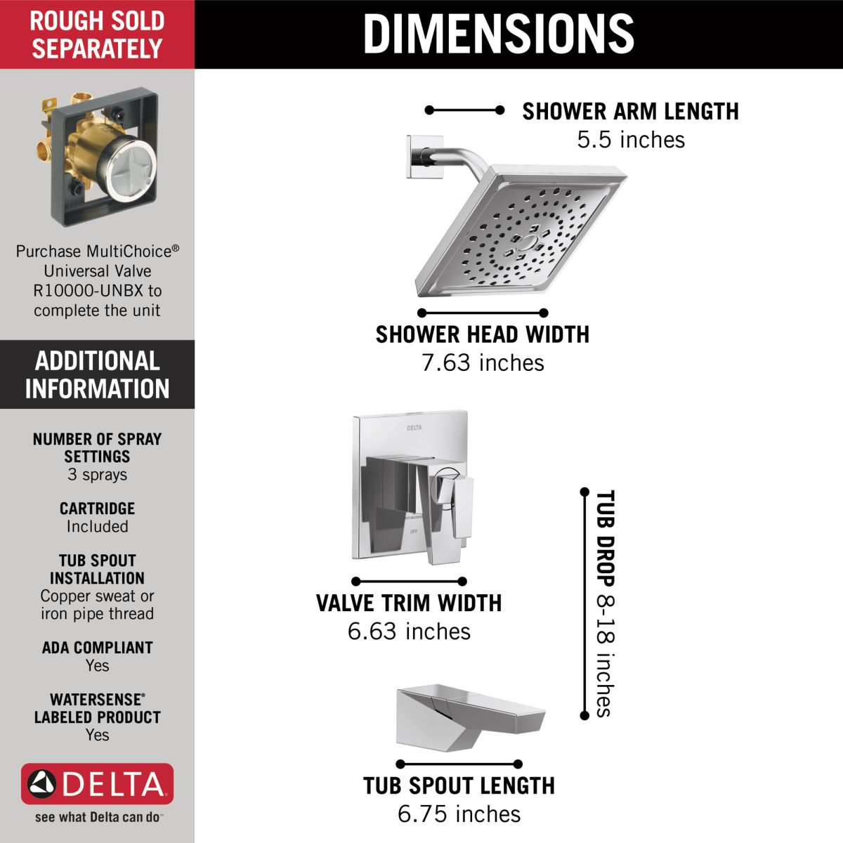 DELTA Trillian 17 Series H2Okinetic Tub Shower Trim — Lumicoat® Chrome