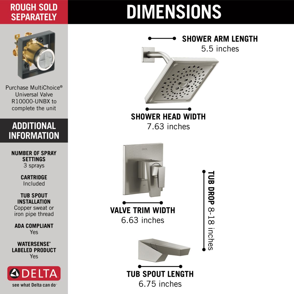 DELTA Trillian 17 Series H2Okinetic Tub Shower Trim — Lumicoat® Stainless