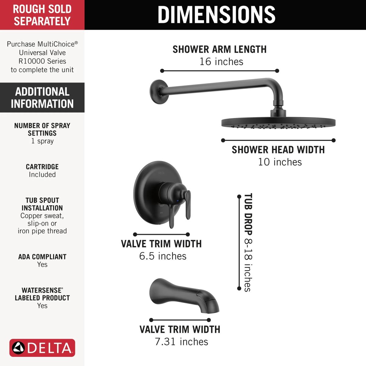 DELTA Bonacci 17 Series Tub Shower Trim — Matte Black