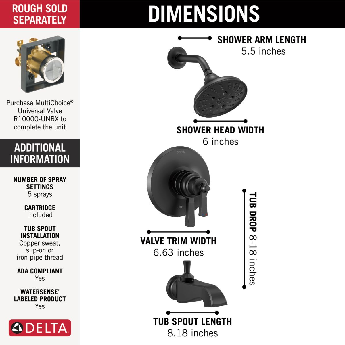 DELTA Dorval Monitor 17 Series Tub & Shower Trim — Matte Black