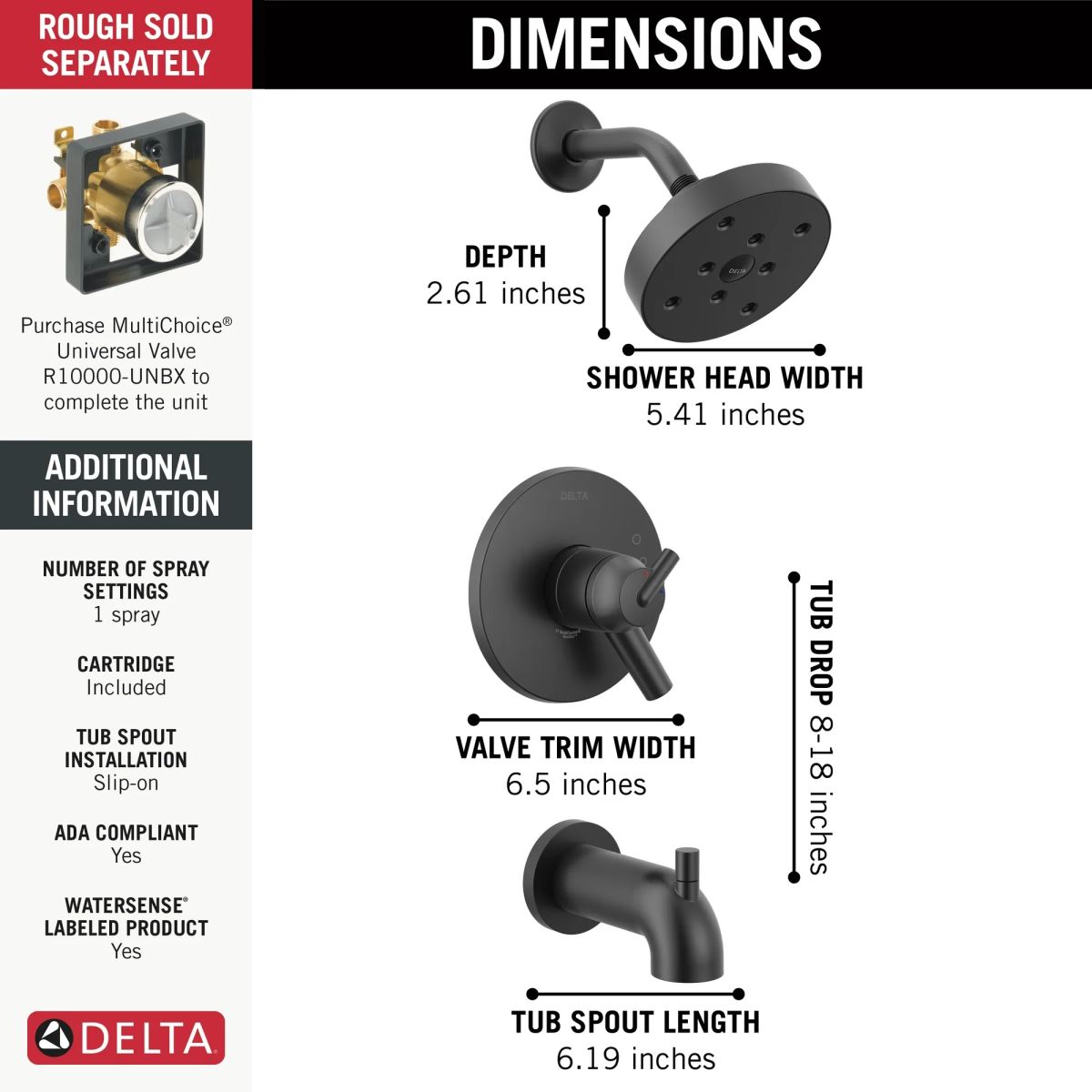 DELTA Trinsic Monitor 17 Series H2OKINETIC Tub & Shower Trim — Matte Black