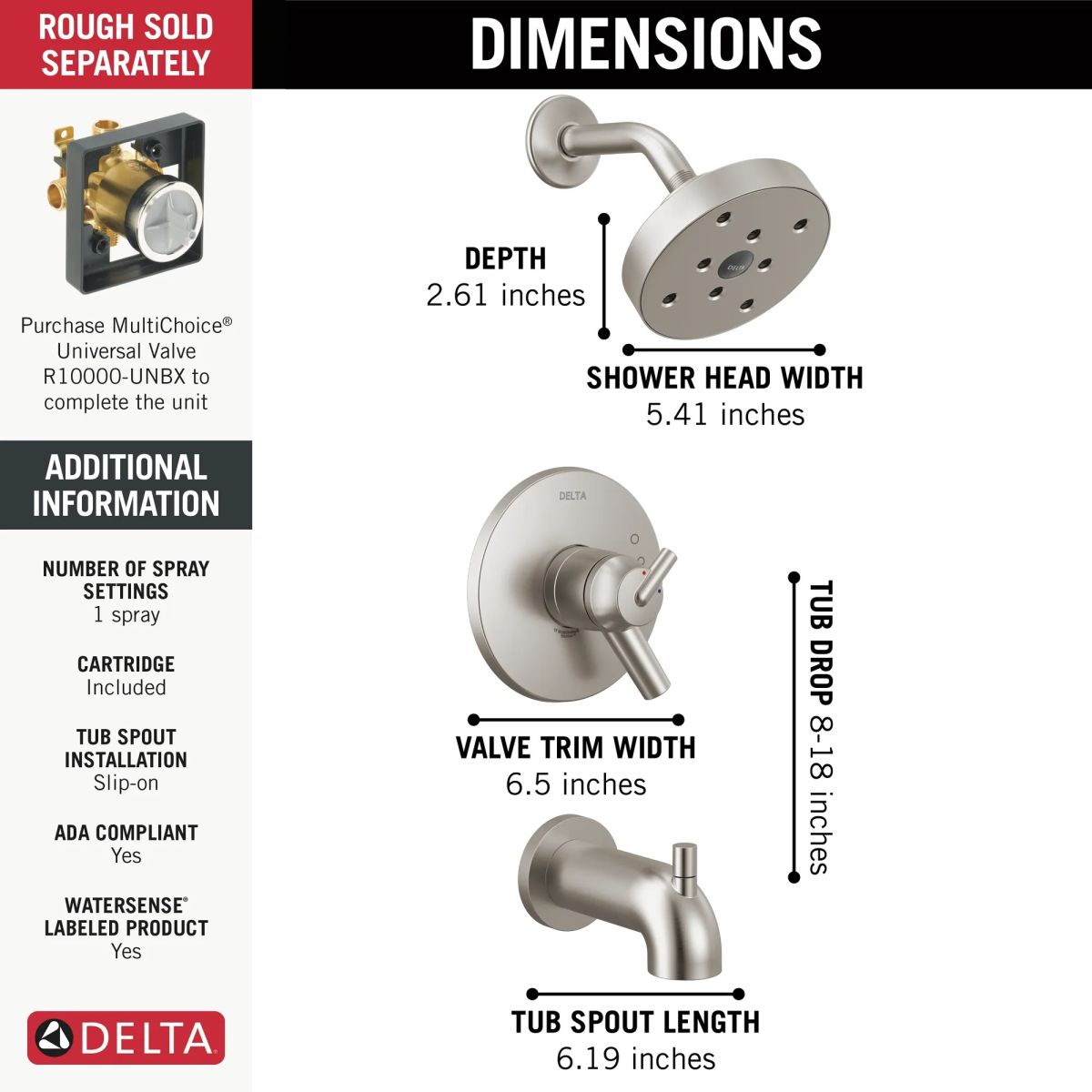 DELTA Trinsic Monitor 17 Series H2OKINETIC Tub & Shower Trim — Stainless