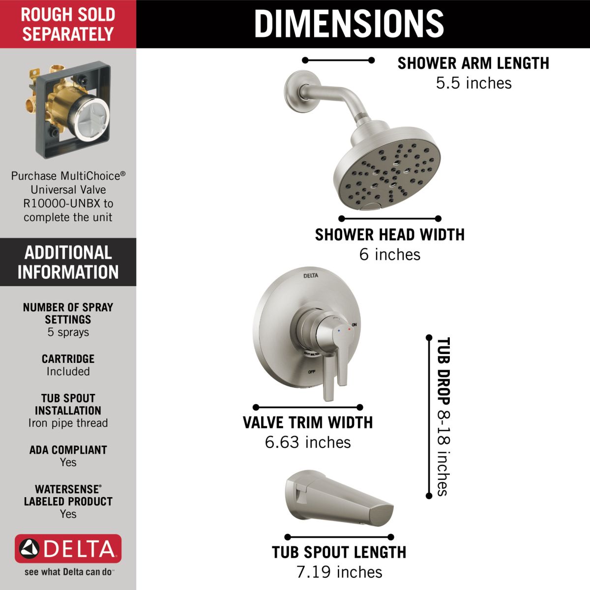 DELTA Galeon 17S Tub Shower Trim with H2OKinetic — Lumicoat® Stainless
