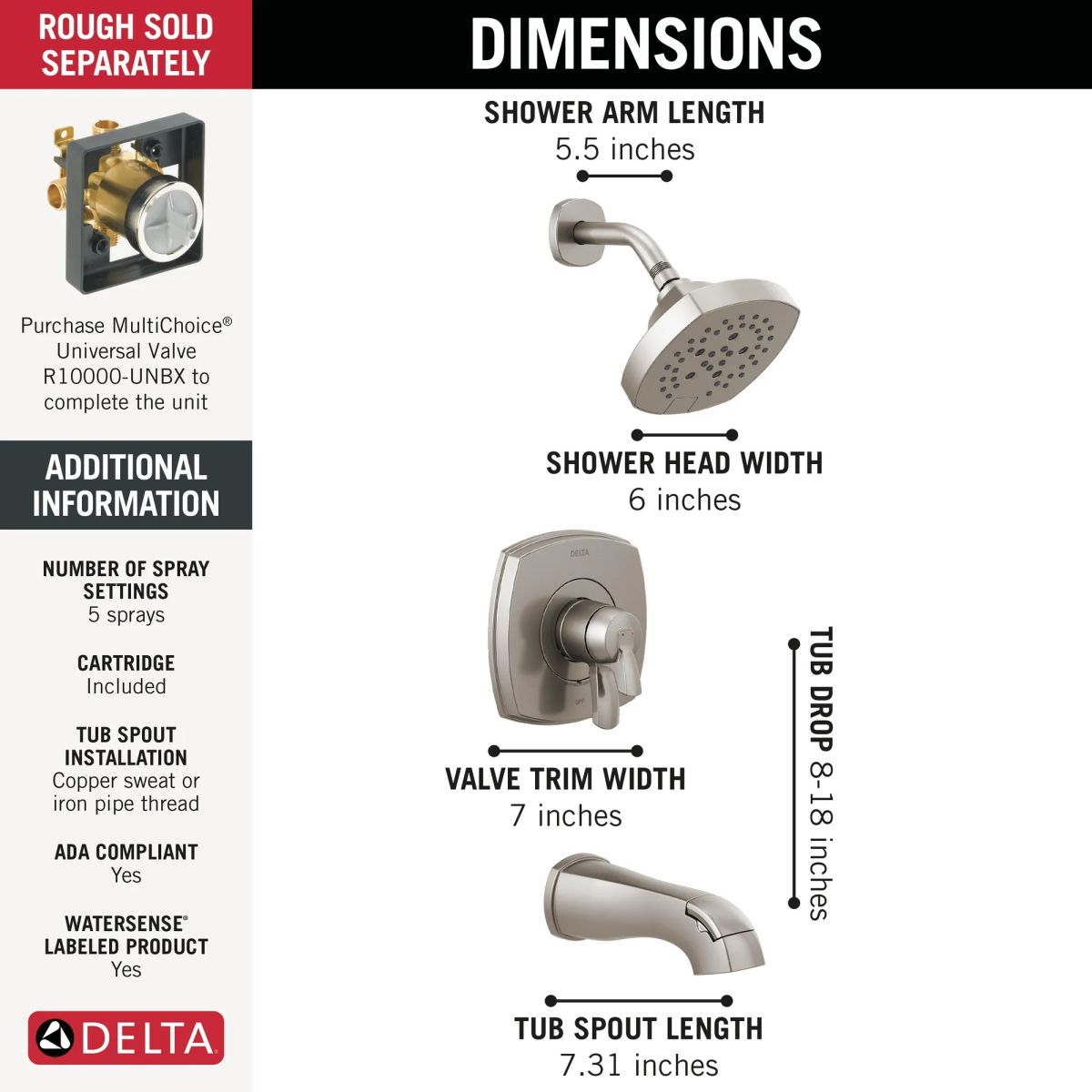 DELTA Stryke 17 Series Tub and Shower Only — Lumicoat® Stainless