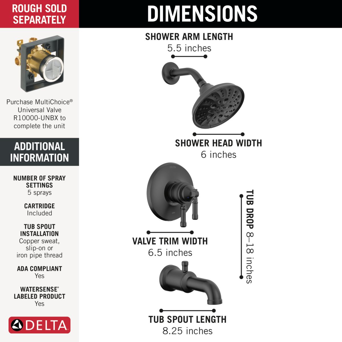 DELTA Broderick 17 Series Tub Shower Trim — Matte Black