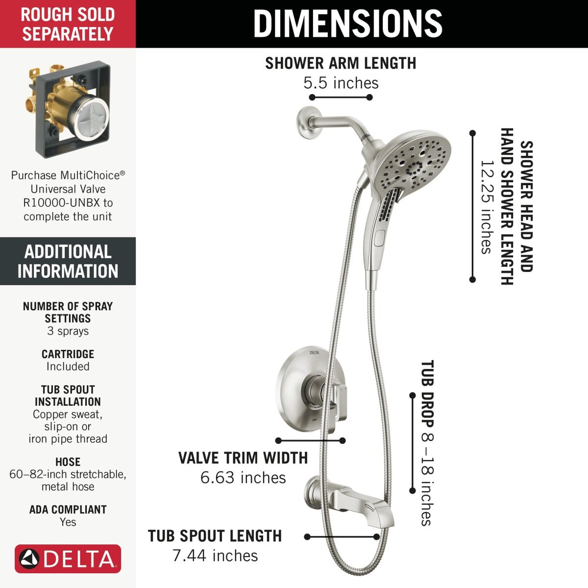 DELTA Tetra 17 Series Tub Shower Trim — Lumicoat® Stainless