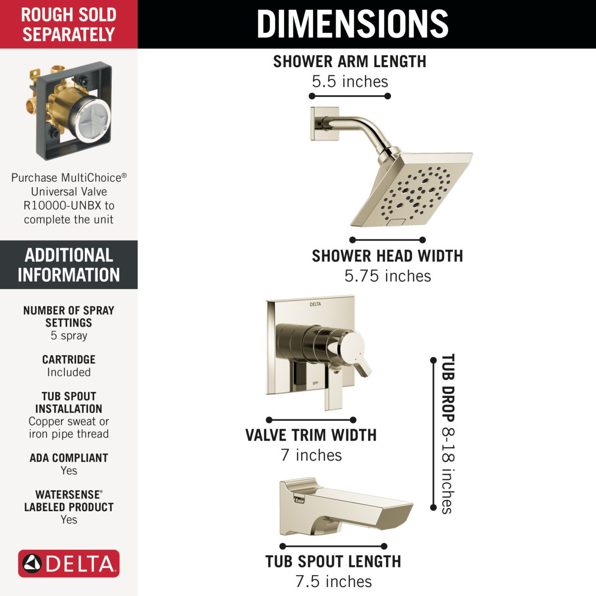DELTA Pivotal Monitor 17 Series H2OKINETIC Tub and Shower Trim — Lumicoat® Polished Nickel