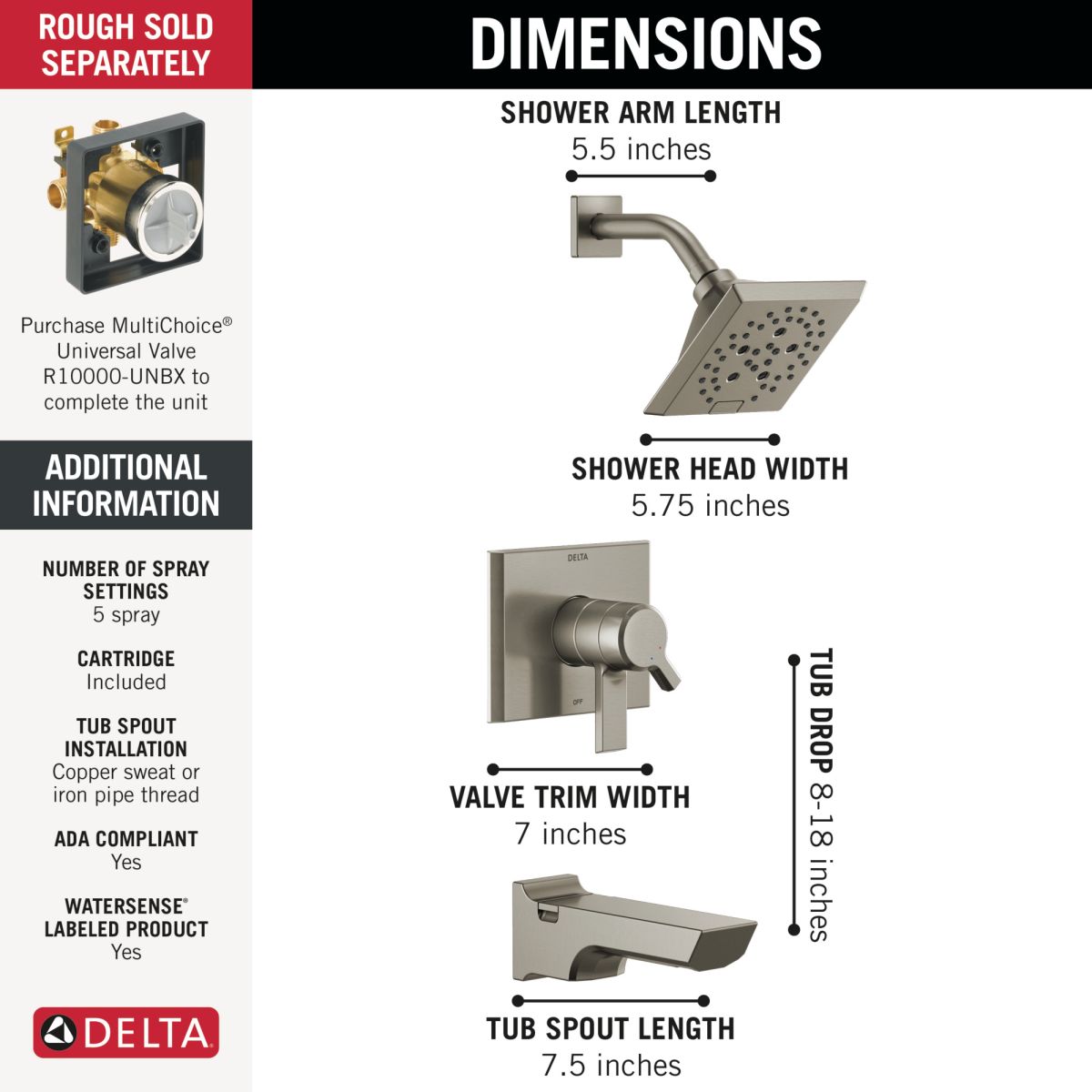 DELTA Pivotal Monitor 17 Series H2OKINETIC Tub and Shower Trim — Lumicoat® Stainless