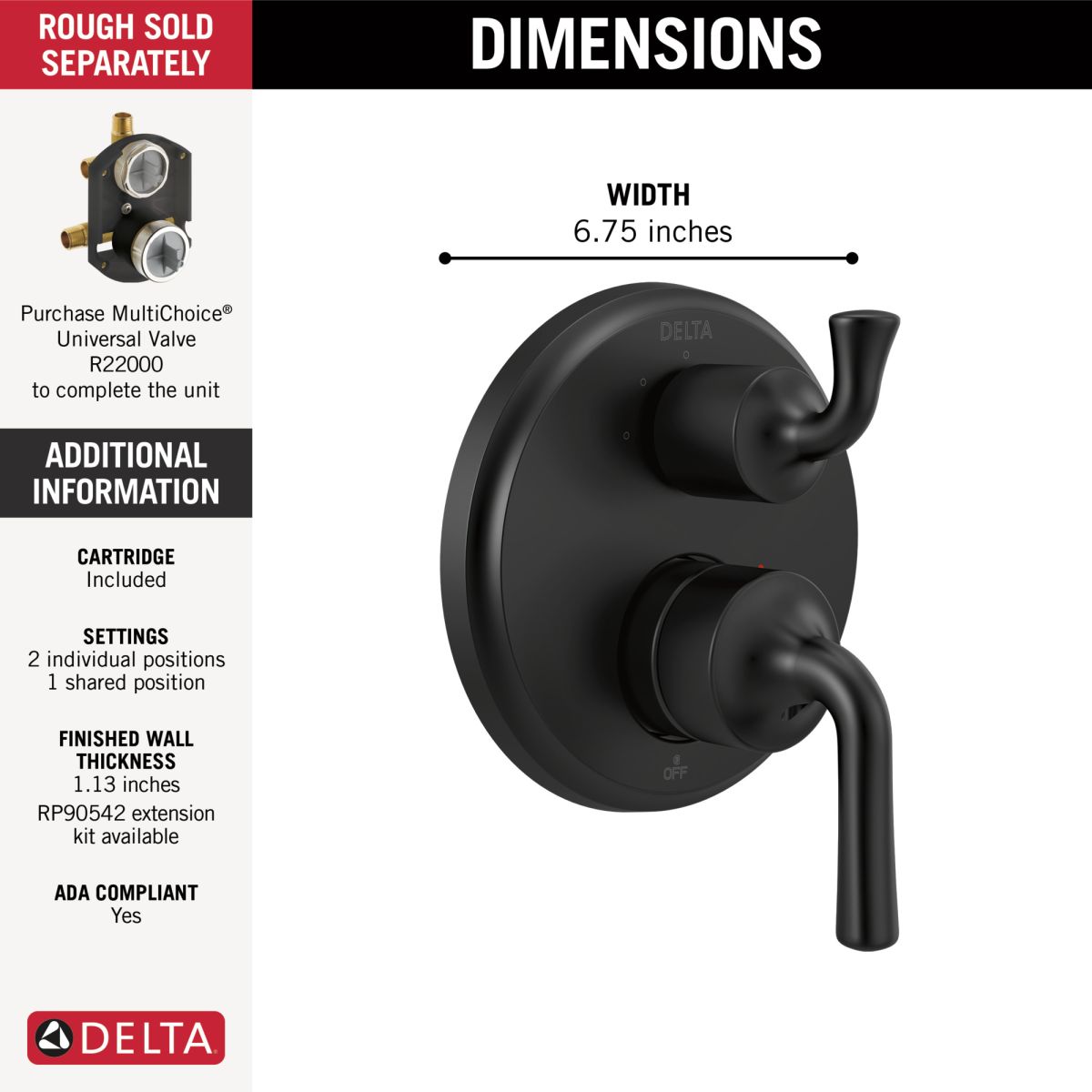 DELTA Kayra Two-Handle Monitor 14 Series Valve Trim with 3-Setting Integrated Diverter — Matte Black