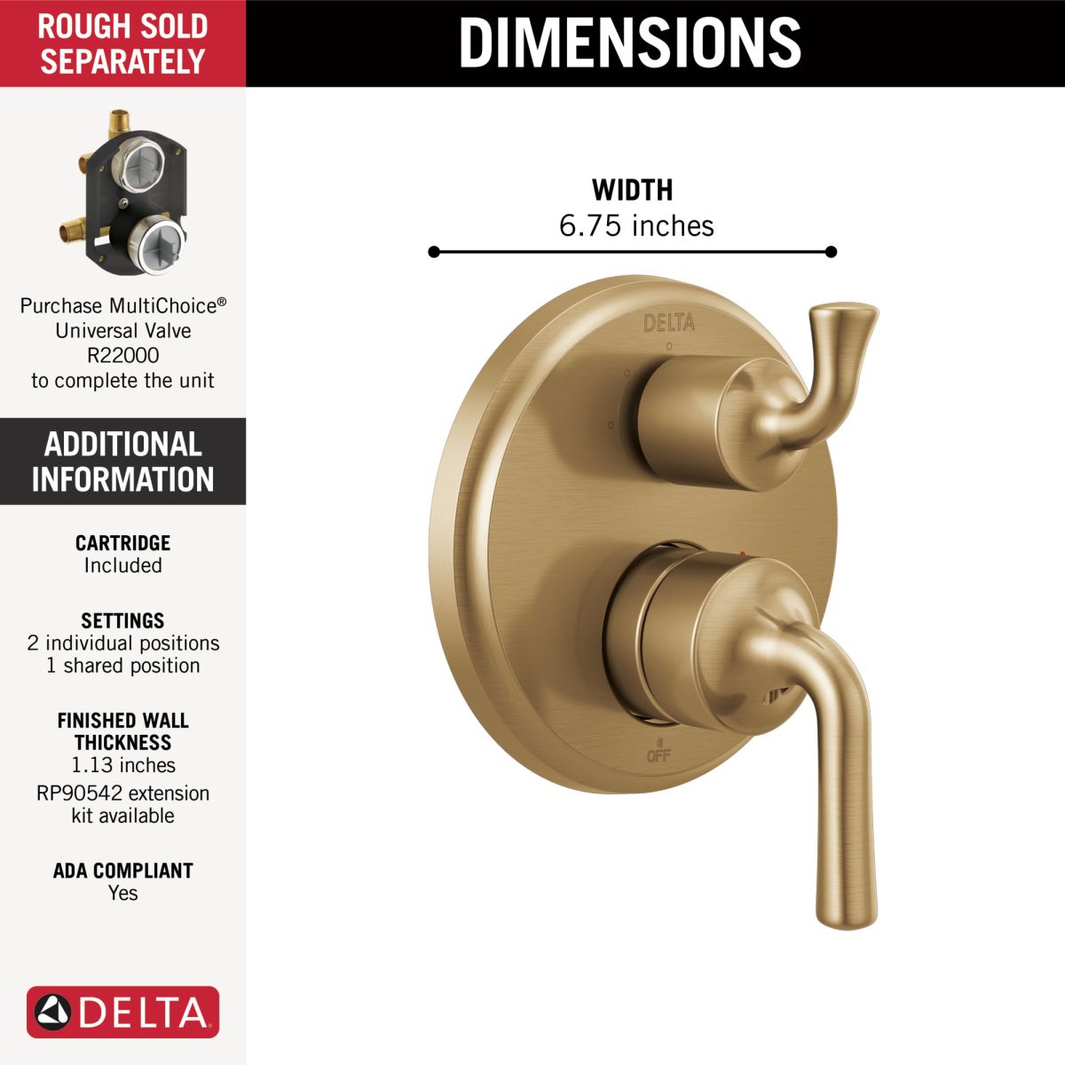DELTA Kayra Two-Handle Monitor 14 Series Valve Trim with 3-Setting Integrated Diverter — Champagne Bronze