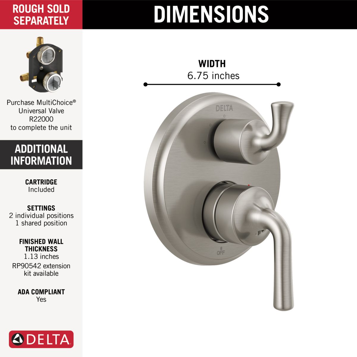 DELTA Kayra Two-Handle Monitor 14 Series Valve Trim with 3-Setting Integrated Diverter — Stainless
