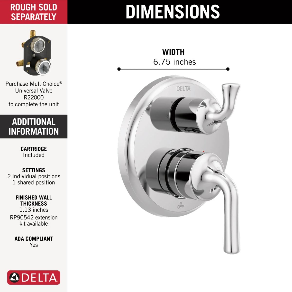DELTA Kayra Two-Handle Monitor 14 Series Valve Trim with 3-Setting Integrated Diverter — Chrome