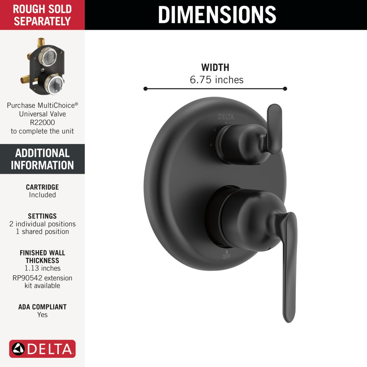 DELTA Bonacci 14 Series 3-Setting Integrated Diverter Trim — Matte Black