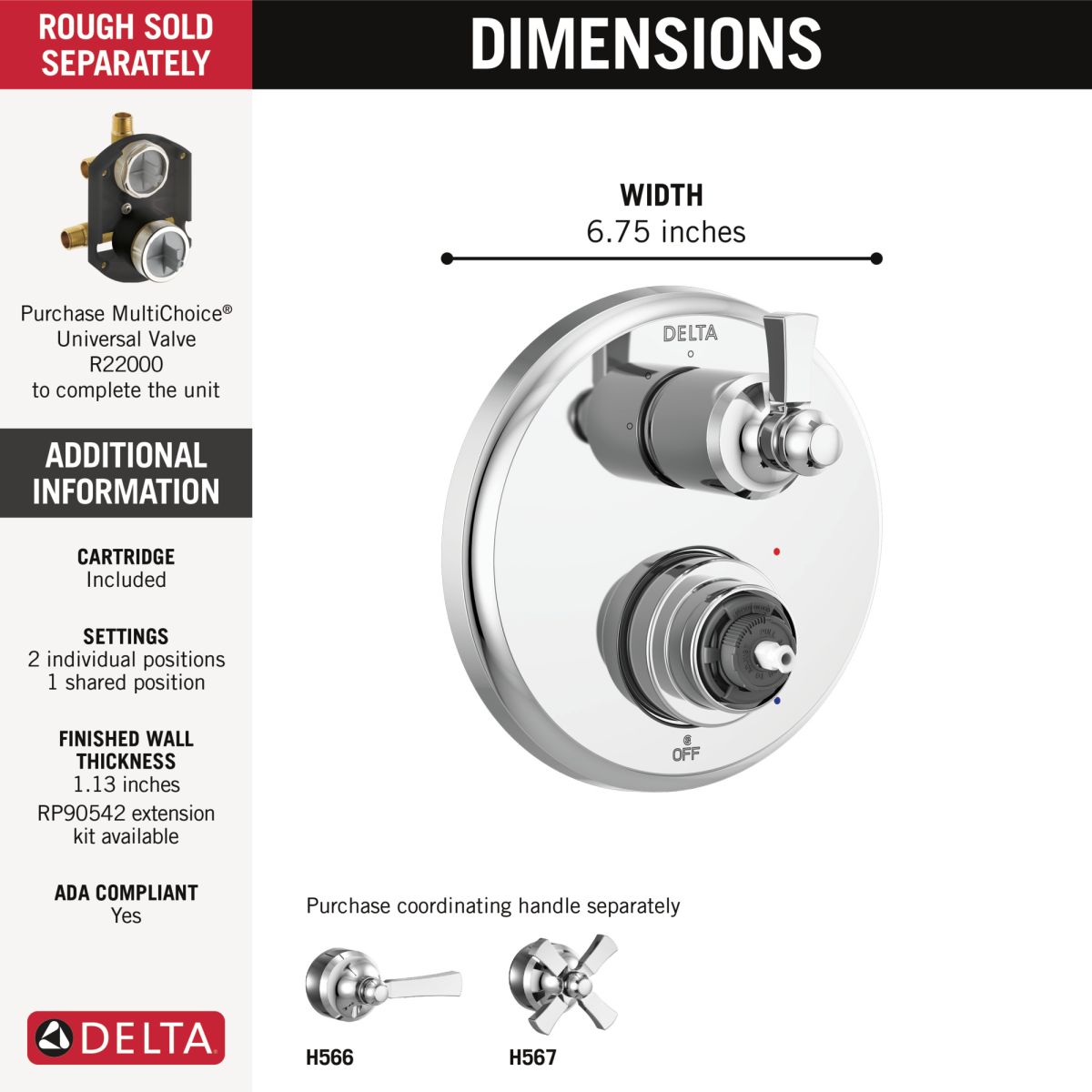 DELTA Dorval Traditional 2-Handle Monitor 14 Series Valve Trim with 3 Setting Diverter — Chrome