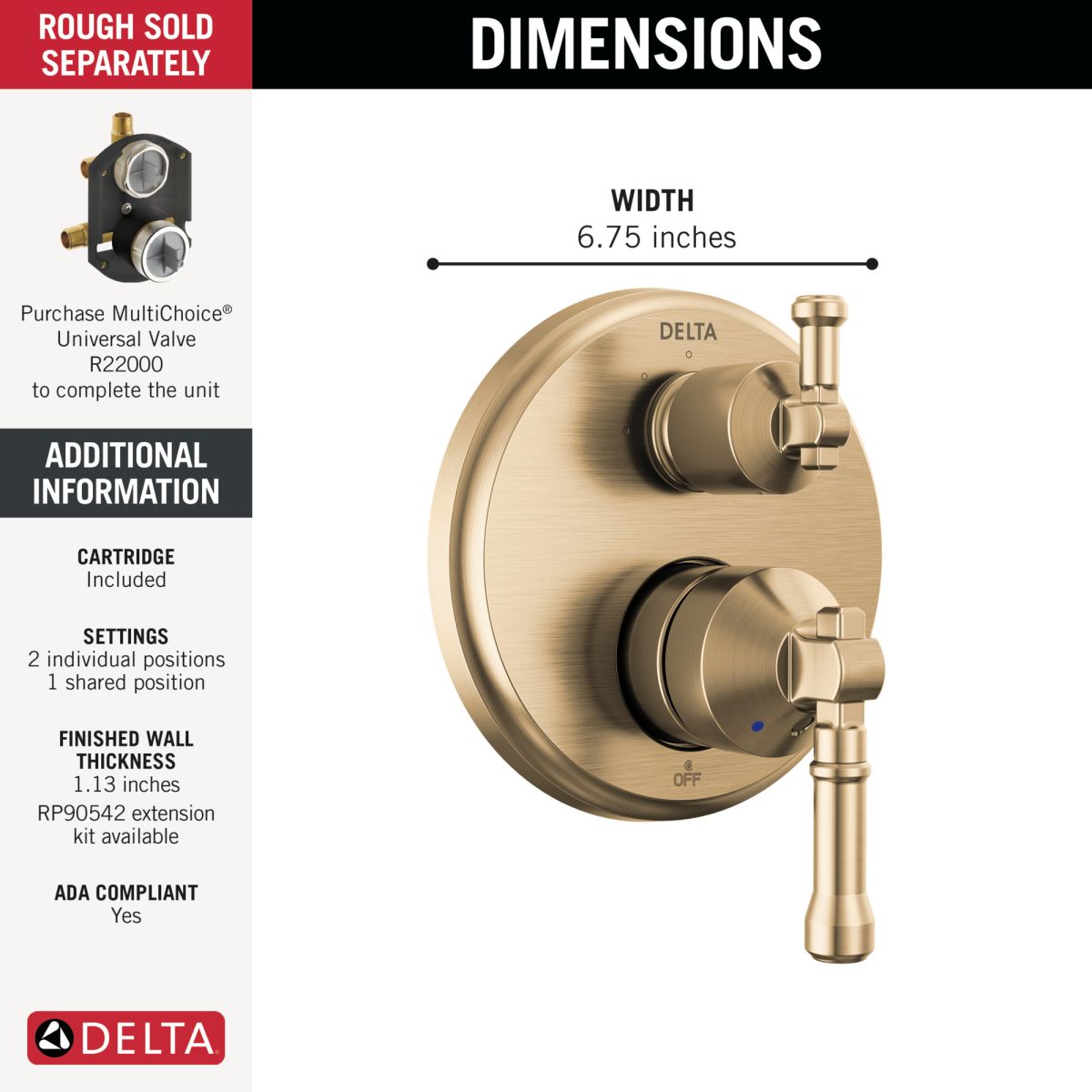 DELTA Broderick 14 Series Integrated Diverter Trim 3-Setting — Lumicoat® Champagne Bronze