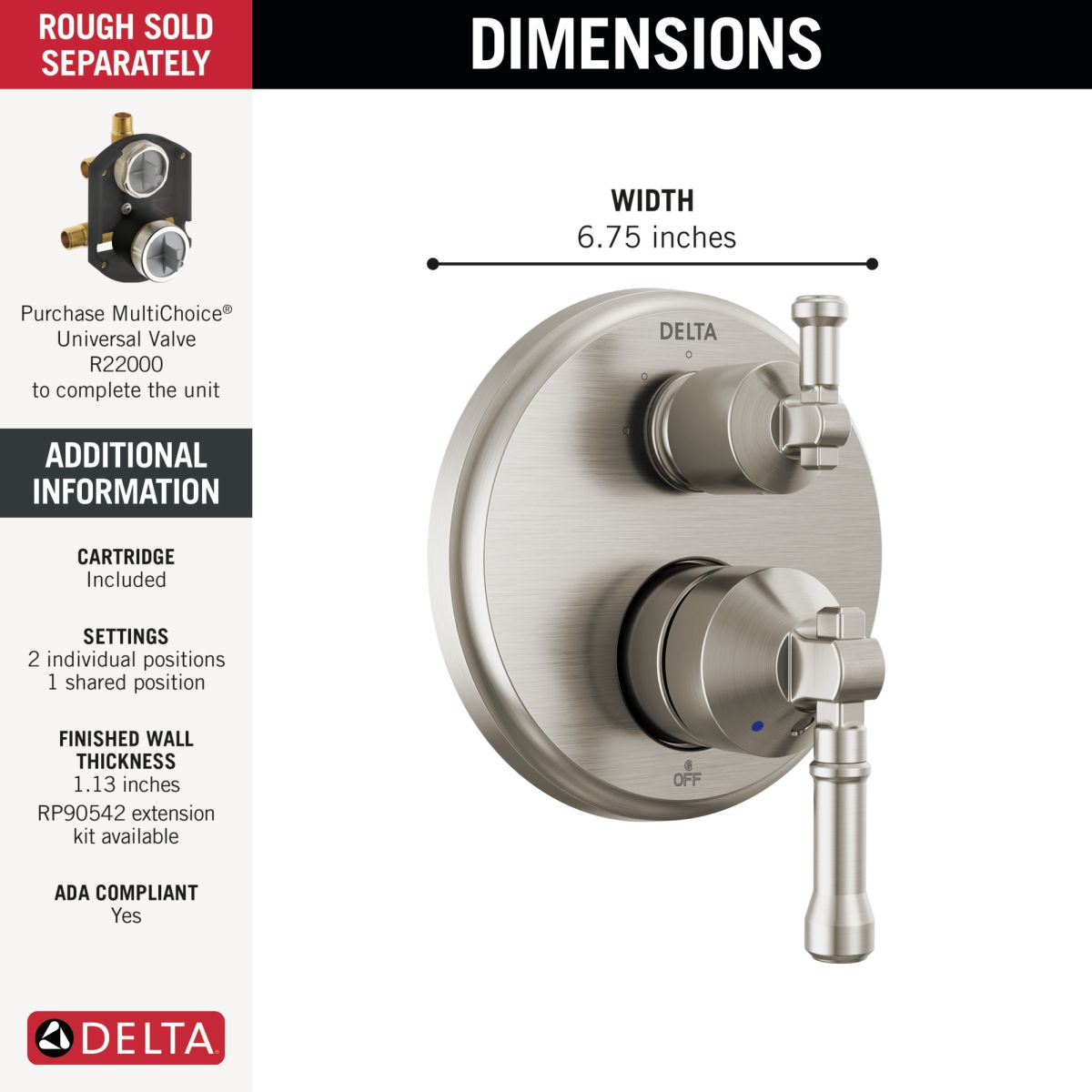 DELTA Broderick 14 Series Integrated Diverter Trim 3-Setting — Lumicoat® Stainless