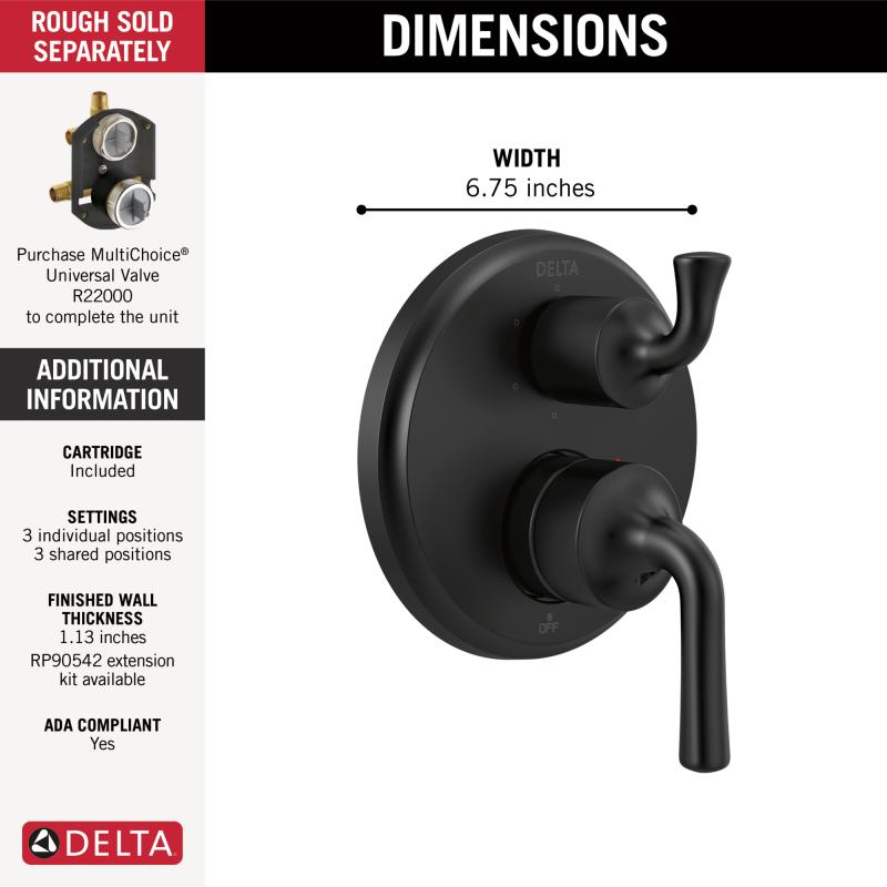 DELTA Kayra Two-Handle Monitor 14 Series Valve Trim with 6-Setting Integrated Diverter — Matte Black