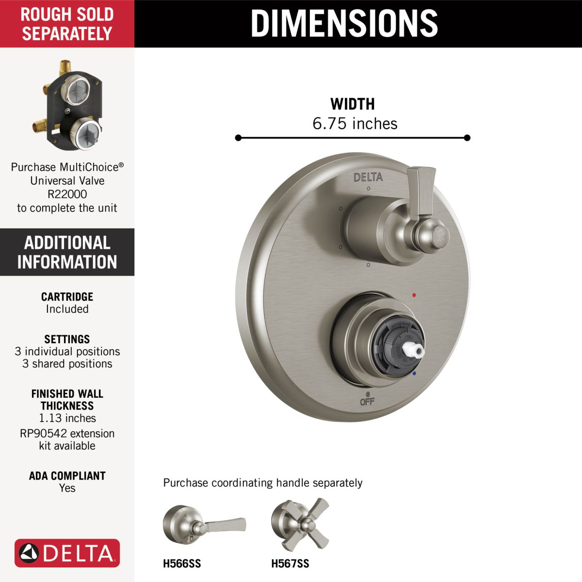 DELTA Dorval Traditional 2-Handle Monitor 14 Series Valve Trim with 6 Setting Diverter — Stainless