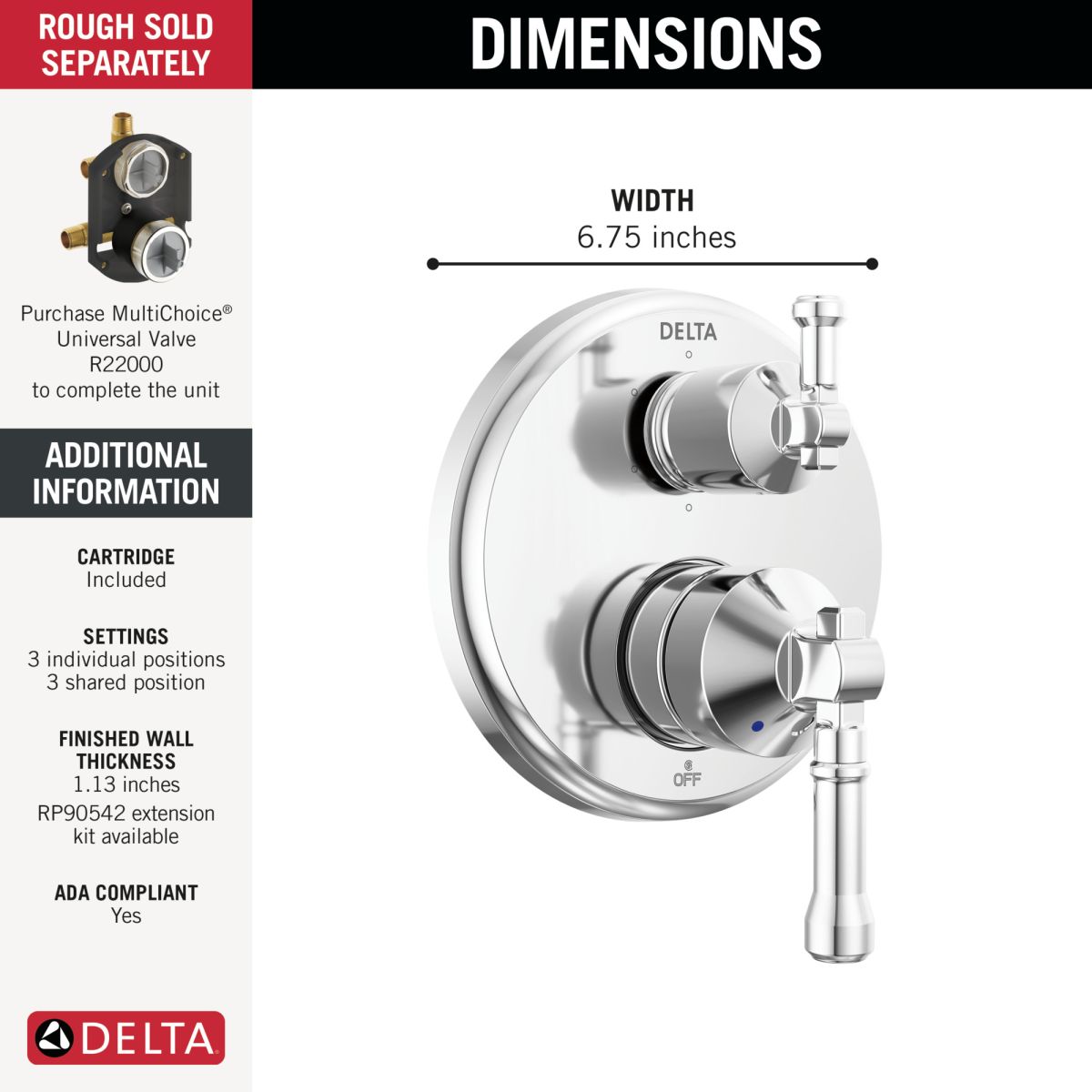 DELTA Broderick 14 Series Integrated Diverter Trim 6-Setting — Lumicoat® Chrome